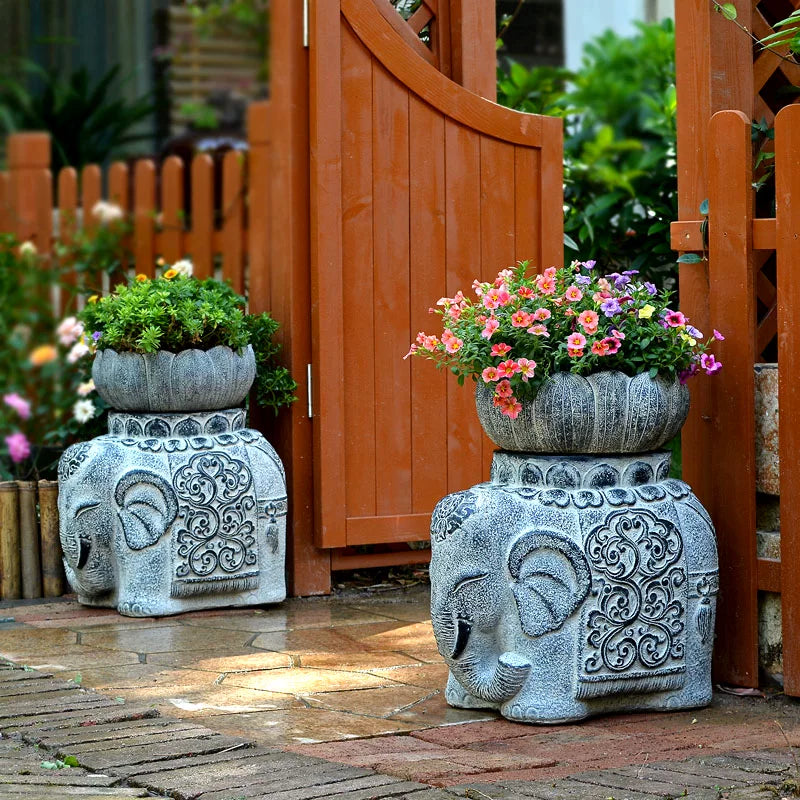 Antique Elephant Artificial Stone Stool Outdoor Planter Base Garden Decor