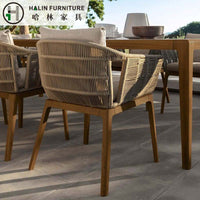 Outdoor Wicker Dining Set with Teak Legs and Rock Slab Tabletop for Patio Garden