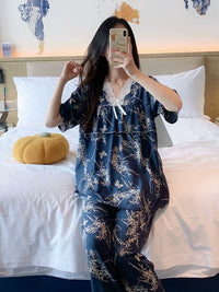 Women's Cotton Pajama Set Short Sleeve Breathable Sleepwear with Princess Style