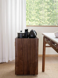 Solid Wood Mobile Tea Cart with Storage, New Chinese Style Side Table for Small Spaces, Walnut Finish
