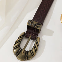 Women's Vintage Embossed Leather Belt with Carved Buckle, Adjustable Multi-Hole Design