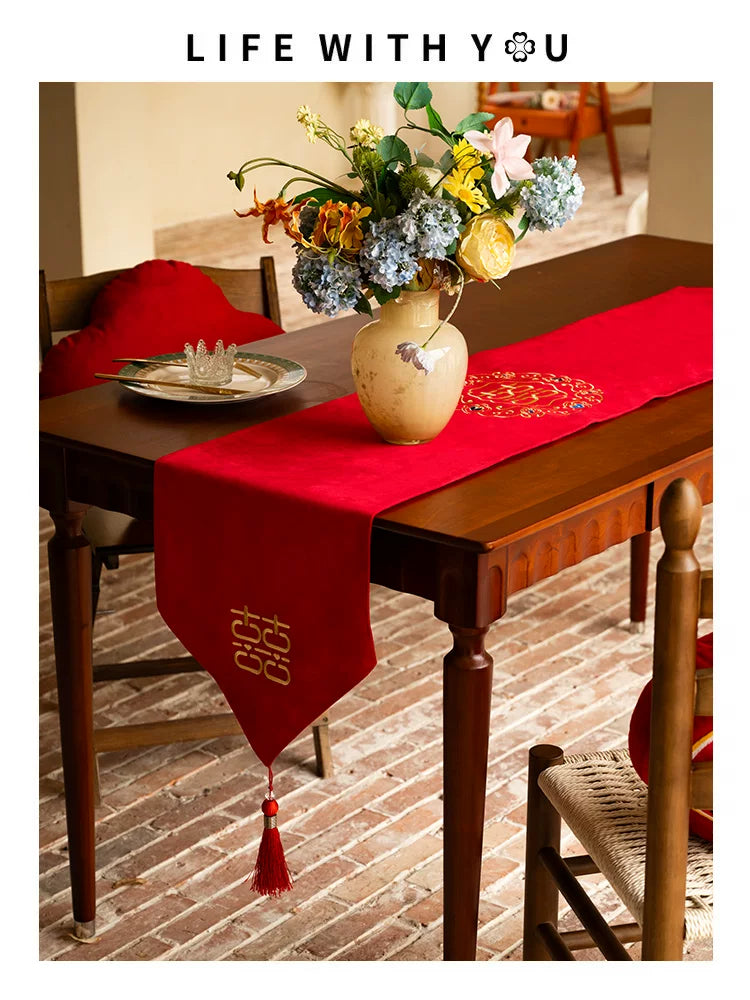 Red Wedding Table Runner with Double Happiness Character for Engagement and Celebration Decor