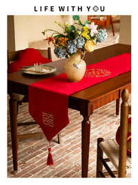 Red Wedding Table Runner with Double Happiness Character for Engagement and Celebration Decor