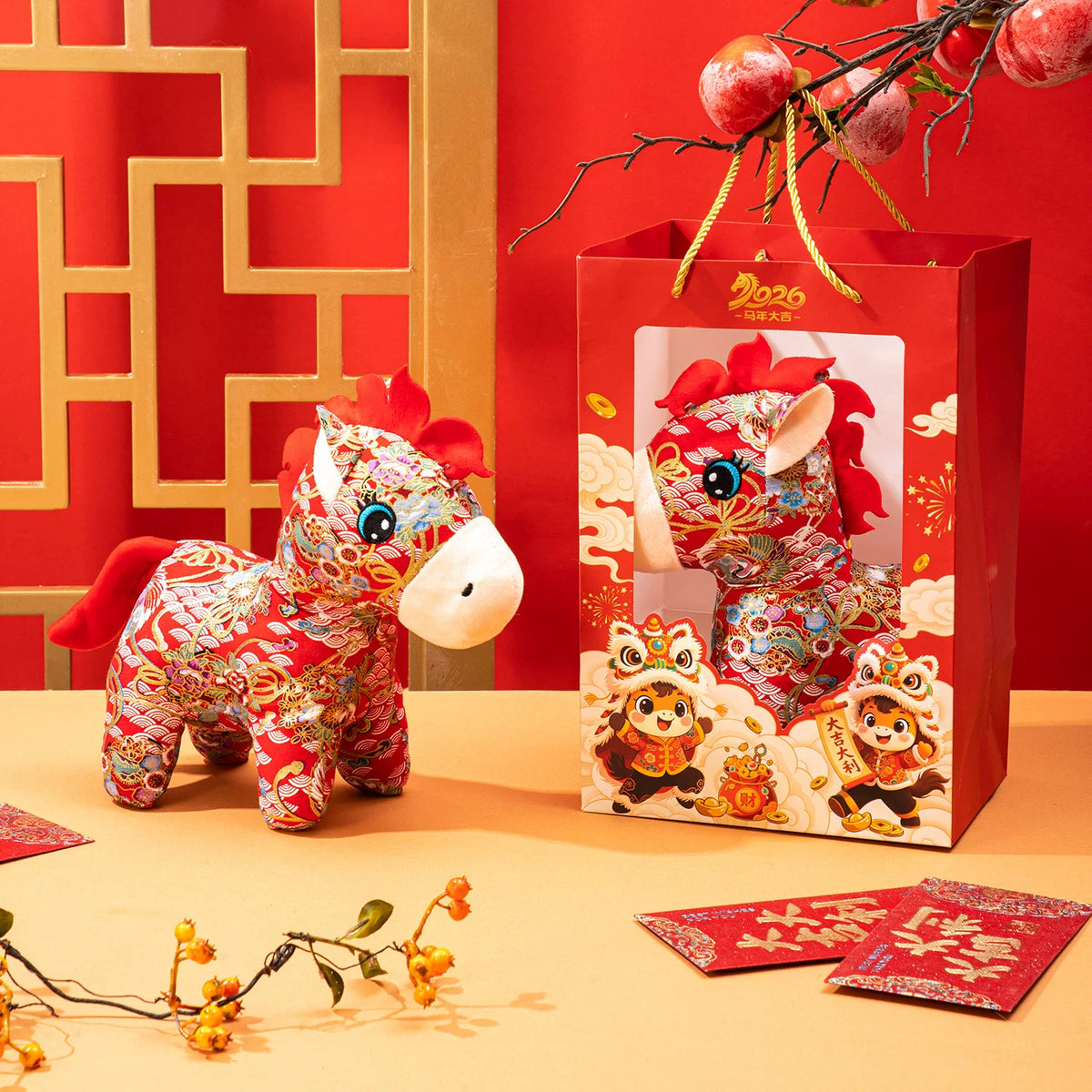 Year of the Horse Plush Toy with Floral Fabric Design, Chinese New Year Zodiac Horse Doll