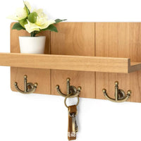 Wooden Wall Mounted Key Holder with Storage Shelf and Hooks for Entryway