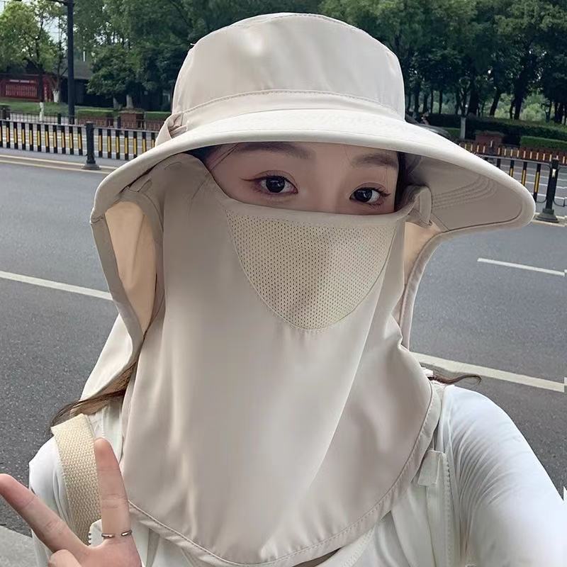 Women's Korean Style Casual Sun Protection Bucket Hat with Wide Brim and UV Protection Shawl