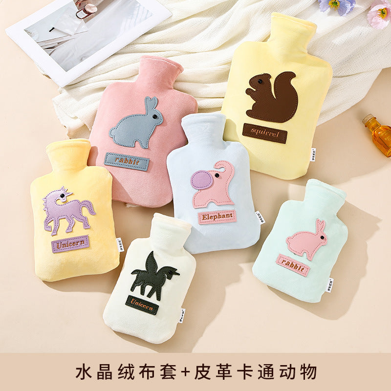 PVC Explosion-Proof Hot Water Bottle with Removable Crystal Velvet Cover, Cartoon Leather Embroidery Hand Warmer for Women
