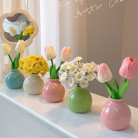 Artificial Tulip Flower Arrangement with Ceramic Vase for Desktop Decor