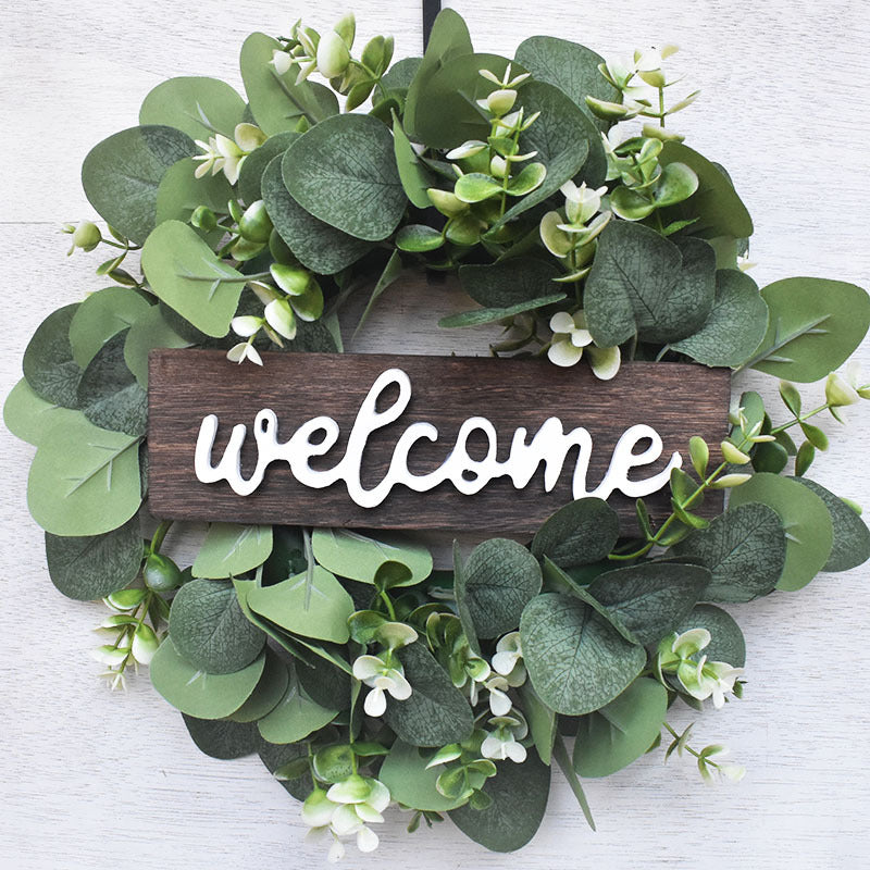 American Welcome Eucalyptus Wreath with Wooden Sign for Front Door Decor