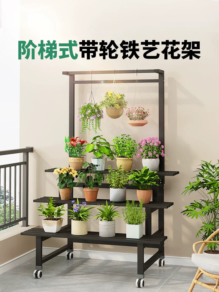 3-Tier Metal Plant Stand with Wheels, Hanging Basket Design, Indoor/Outdoor