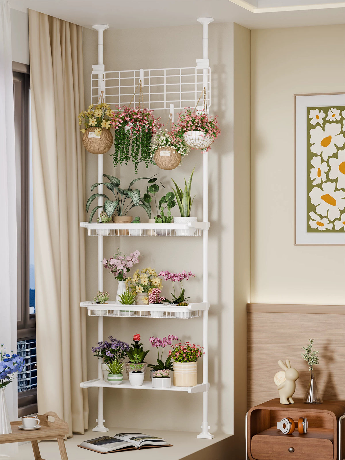 Tension Rod Plant Stand with Adjustable Shelves and Baskets for Balcony Living Room