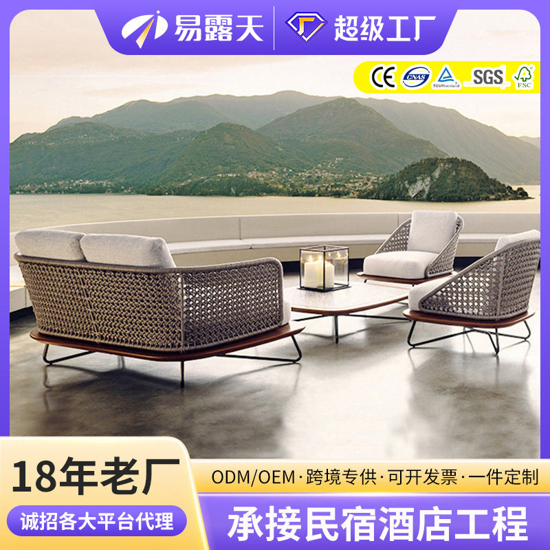 Nordic Outdoor Teak Woven Rattan Sofa Set for Patio Garden Villa, Waterproof