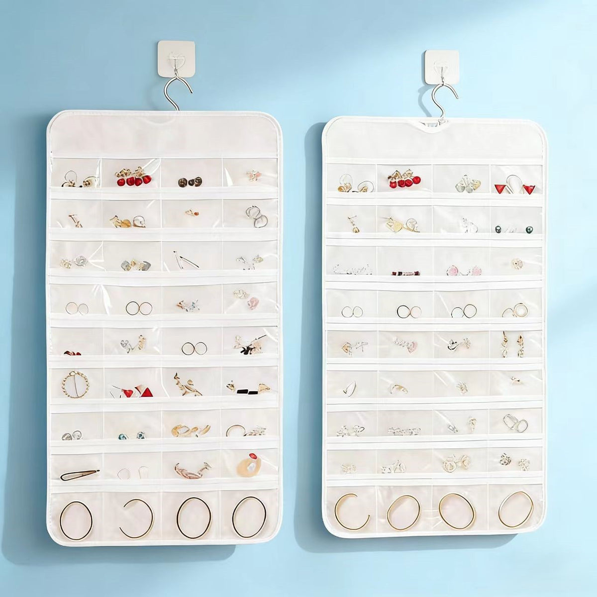 Wall-Mounted Jewelry Organizer with Transparent Pockets for Earrings and Necklaces