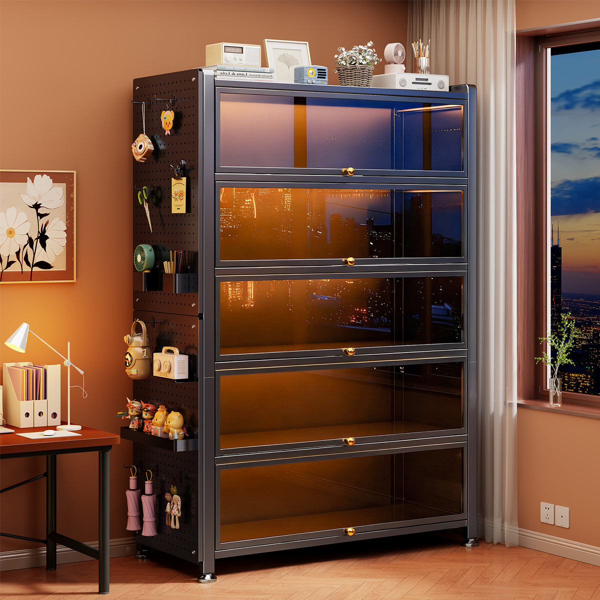 Household Glass Display Cabinet with Doors, Dustproof Bookcase for Living Room, Study, Collectibles Storage