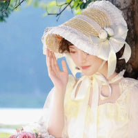Bonnet Straw Hat with Ribbon Bow for Lolita Dresses and Light Apparel