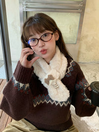 Japanese Style Cute Cartoon Cat Plush Cross Scarf for Women, Winter Warm Neck Warmer