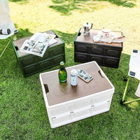 Outdoor Camping Storage Box with Wooden Lid - Foldable Car Trunk Organizer & Picnic Basket with Handle