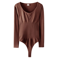 Women's Long Sleeve Low-Cut Bodysuit Shapewear with Tummy Control and Open Crotch