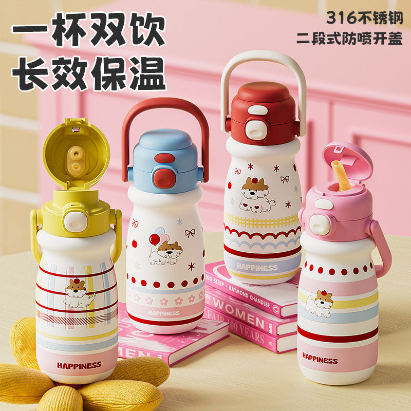 Cute Cartoon Kids' 316 Stainless Steel Insulated Water Bottle with Dual-Drink Lid, Portable for Students