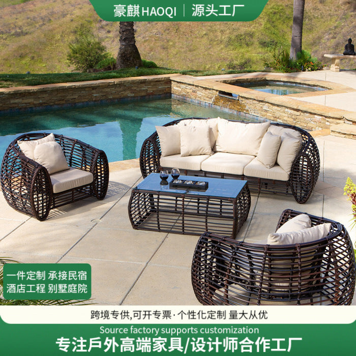 Outdoor Wicker Patio Sofa Set with Coffee Table, Waterproof Rattan Garden Furniture for Villa Balcony