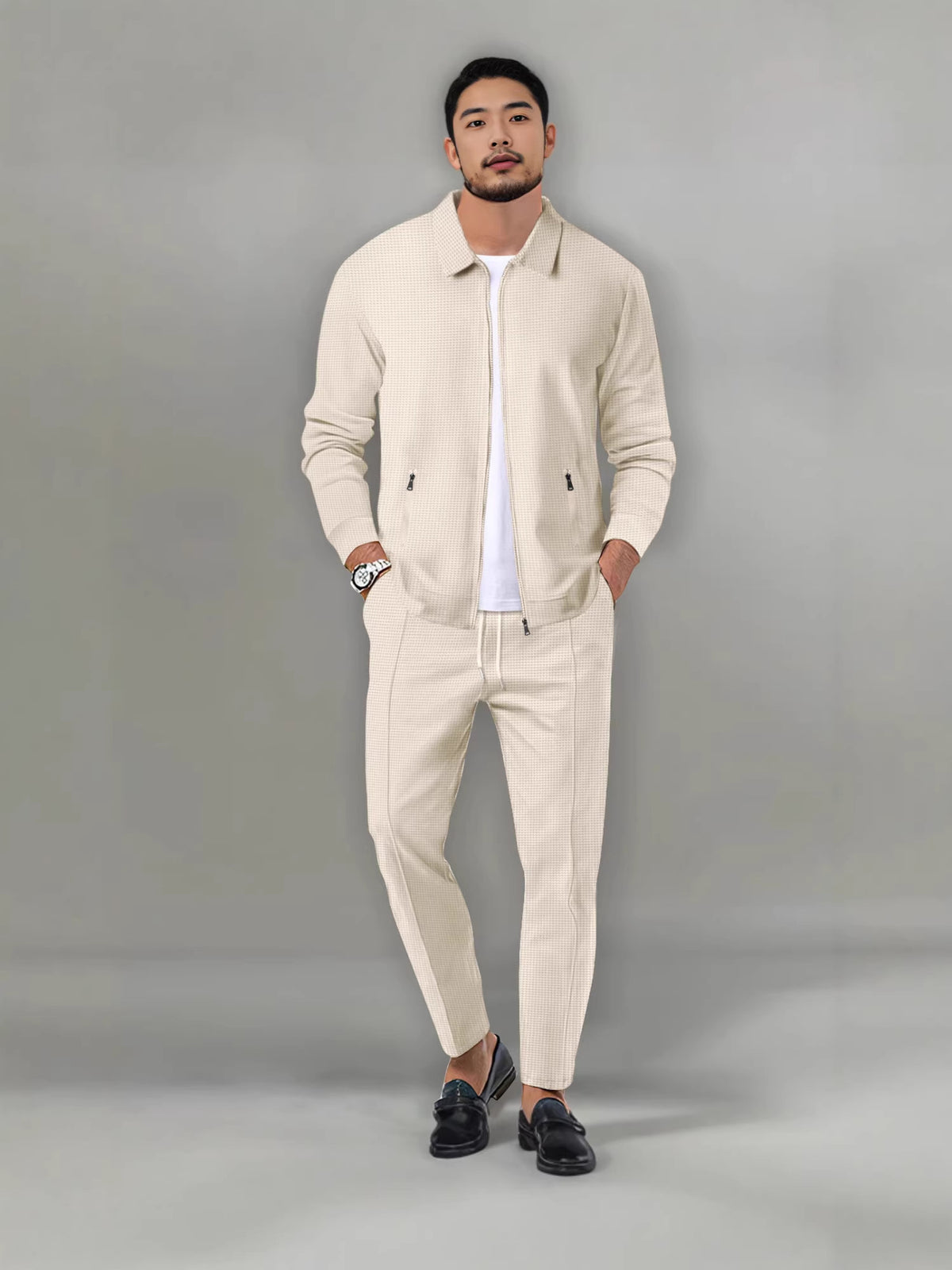 Men's Waffle Knit Casual Tracksuit Set - Zip-Up Cardigan & Pants