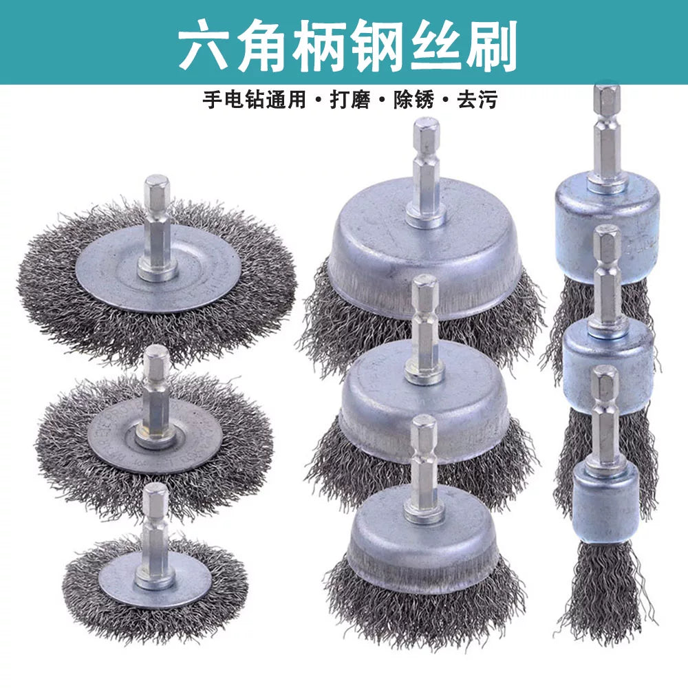 Hex Shank Industrial Wire Brush Set for Electric Drills - Rust Removal and Polishing