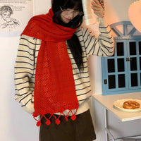 Floral Tassel Hollow Knit Scarf for Women, Thin Korean Style Solid Color Warm Neck Wrap
