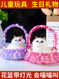 Realistic Meowing Cat Doll with Light-Up Basket - Static Model Toy for Kids and Girls
