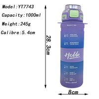 1000ml Gradient Color Water Bottle with Straw and Strap, Portable Plastic Drink Bottle for Students