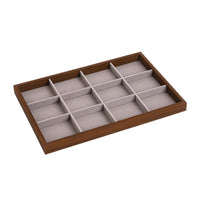 Walnut Wood Jewelry Display Tray with Gray Velvet Inserts for Earrings, Rings, and Necklaces