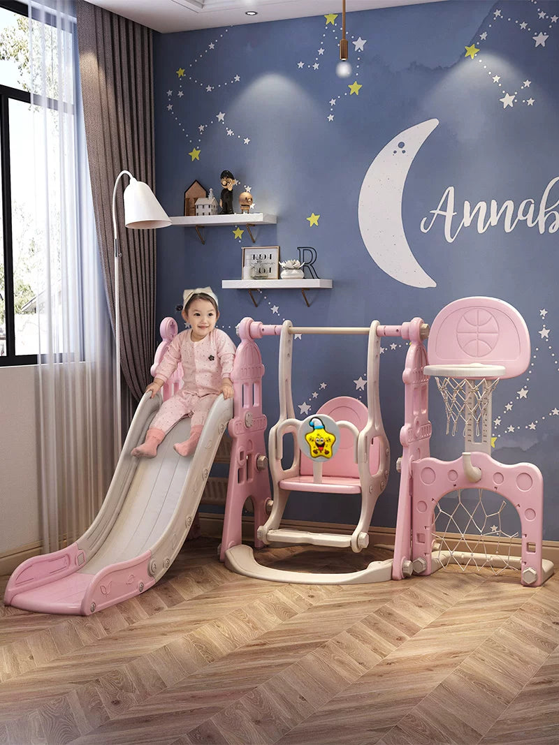 Kids Indoor Outdoor Slide and Swing Set with Basketball Hoop and Soccer Goal