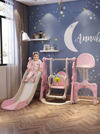 Kids Indoor Outdoor Slide and Swing Set with Basketball Hoop and Soccer Goal