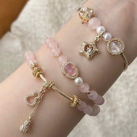 Natural Pink Crystal Bracelet with Gold Powder Accents for Couples and Friends