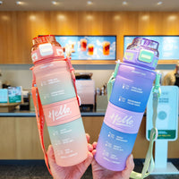 1000ml Gradient Color Water Bottle with Straw and Strap, Portable Plastic Drink Bottle for Students