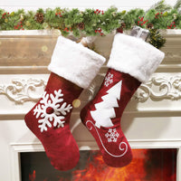 Christmas Stockings with Embroidered Reindeer and Snowflake Designs, Red and White Holiday Gift Bags