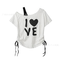 Women's Asymmetrical Shoulder Distressed Short Sleeve T-Shirt