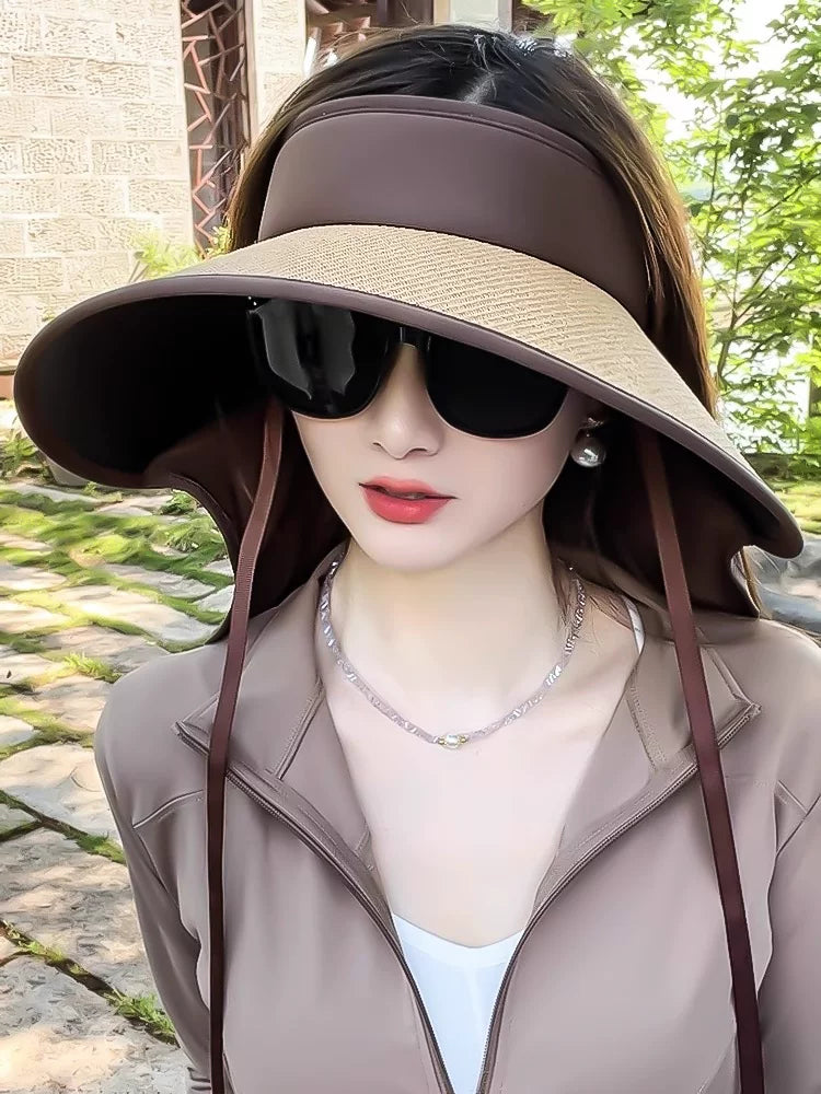 Women's Summer Sun Visor Hat with Wide Brim and Detachable Neck Flap, Foldable UV Protection