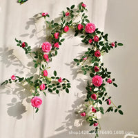 Artificial Rose Vine Garland Fake Flower String Plastic Plant for Ceiling Air Conditioning Pipe Balcony Decoration