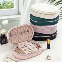 Portable Oval Jewelry Box with Zipper, PU Leather, Multi-layer Storage for Necklaces, Rings, Earrings