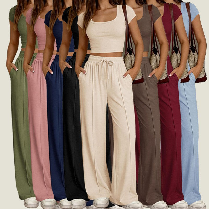 Women's Y2K Casual Slim Fit Two-Piece Short Sleeve Top and Long Pants Set