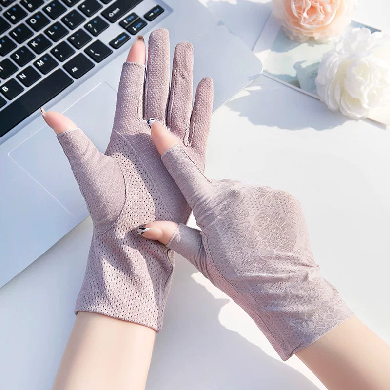 Women's UV Protection Fingerless Ice Silk Gloves for Driving and Sun Protection