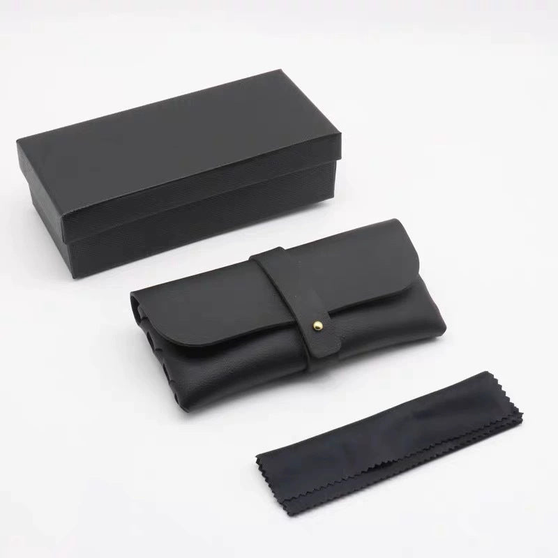Fashionable Clamshell Sunglasses Case Set with Leather Pouch and Cleaning Cloth