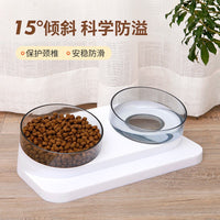 Elevated Double Cat Bowl with Anti-Slip Base for Food and Water, Tilted Design for Neck Protection