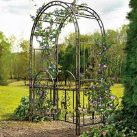 European Style Wrought Iron Archway with Gate for Climbing Plants, Outdoor Garden Arbor for Roses and Vines