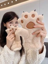 Cute Cartoon Bear Paw Cat Claw Plush Gloves for Women, Thickened Windproof Winter Mittens with Neck Strap