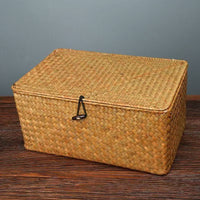 Handwoven Seagrass Storage Box with Lid for Desktop Organization and Home Decor