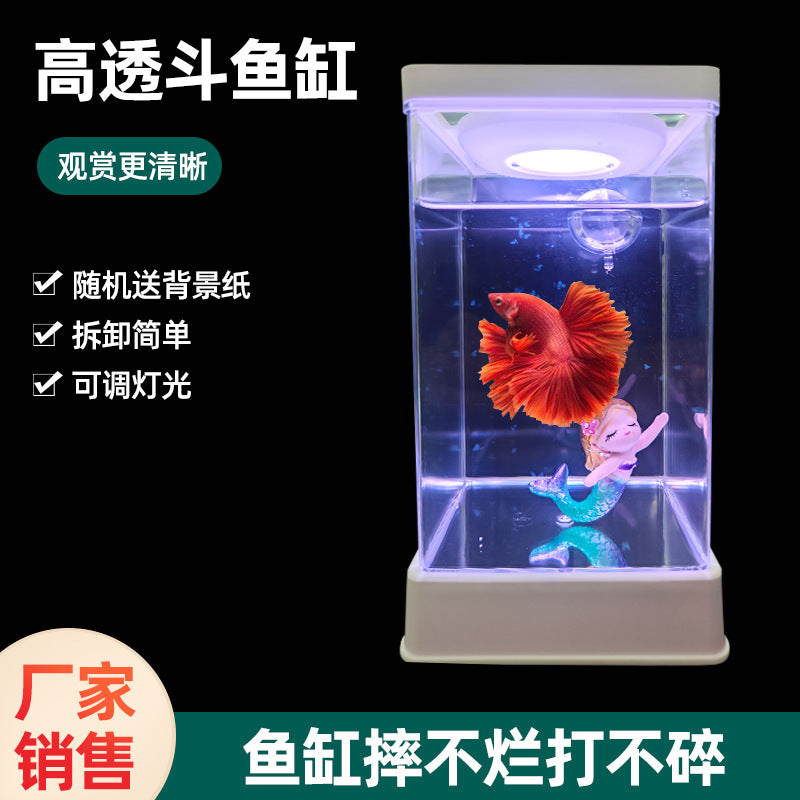 2024 Adjustable LED Light Acrylic Fish Tank with Background Card for Betta Fish