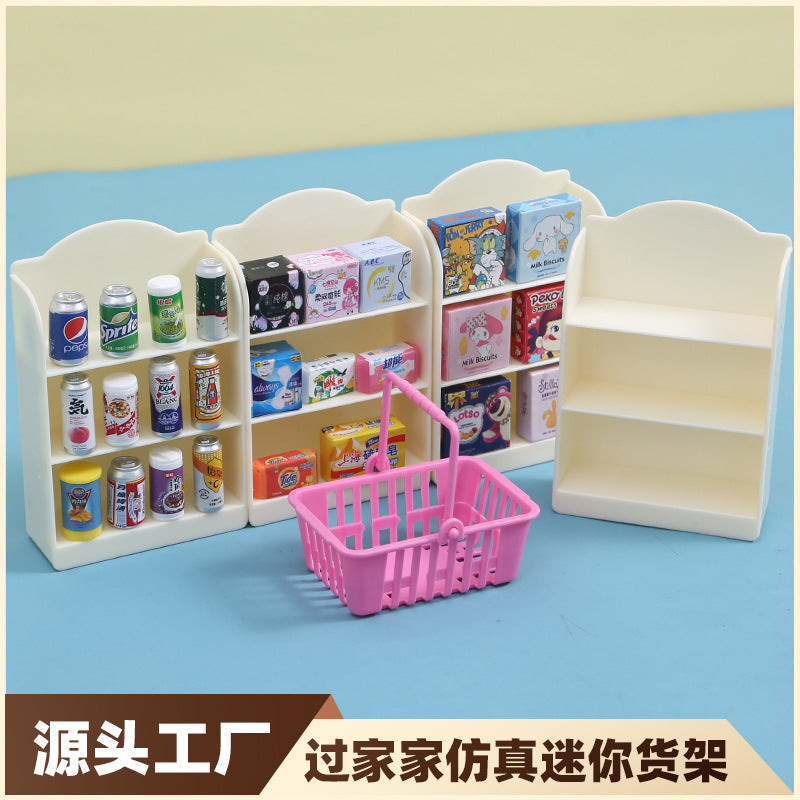 Miniature Supermarket Shelf Dollhouse Accessory with Simulated Snacks and Drinks