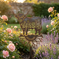 Vintage Highland Cow Floral Garden Metal Floor Sign Outdoor Decor
