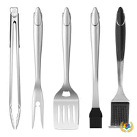 5-Piece Stainless Steel BBQ Grilling Utensil Set with Spatula, Fork, Tongs, and Cleaning Brush
